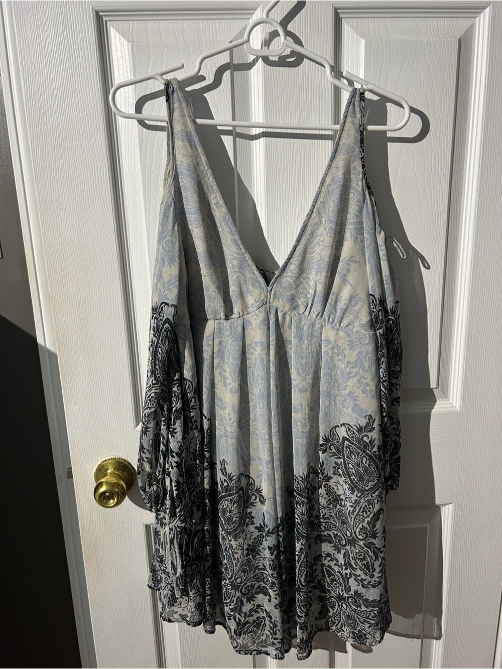 Free People Paisley Mini Dress in Light Blue and Cream with Black Border